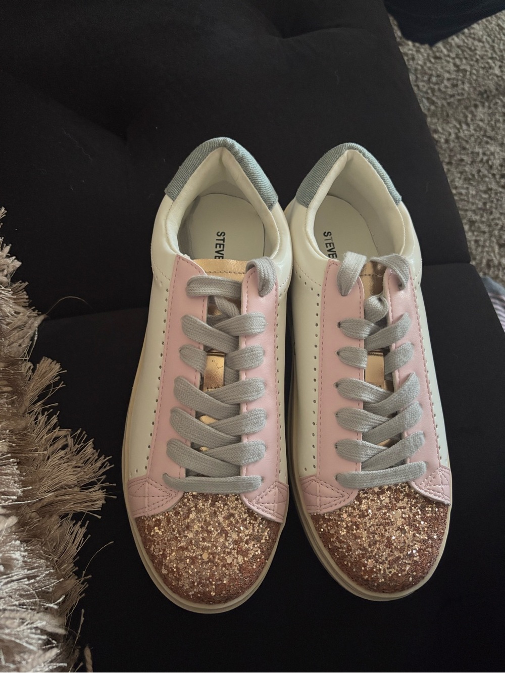 Steve Madden White Sneakers with Pink Panels and Rose Gold Glitter Toe